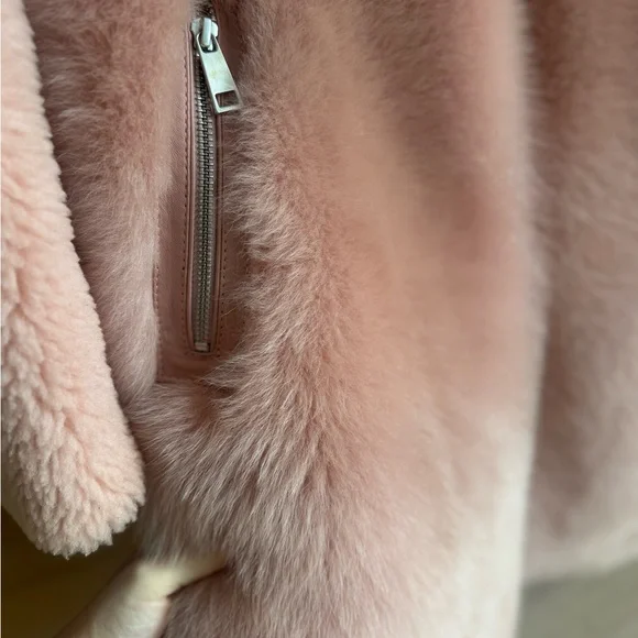 Plush Teddy Coat with Zip Front - Soft Pink Long Fleece Jacket REAL Fur